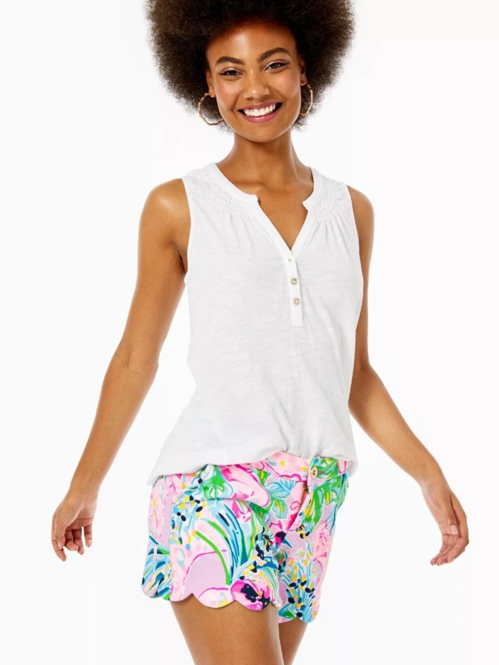 Lilly Pulitzer Essie Solid Blouse Tank Top Smocked White Cotton Beach XS